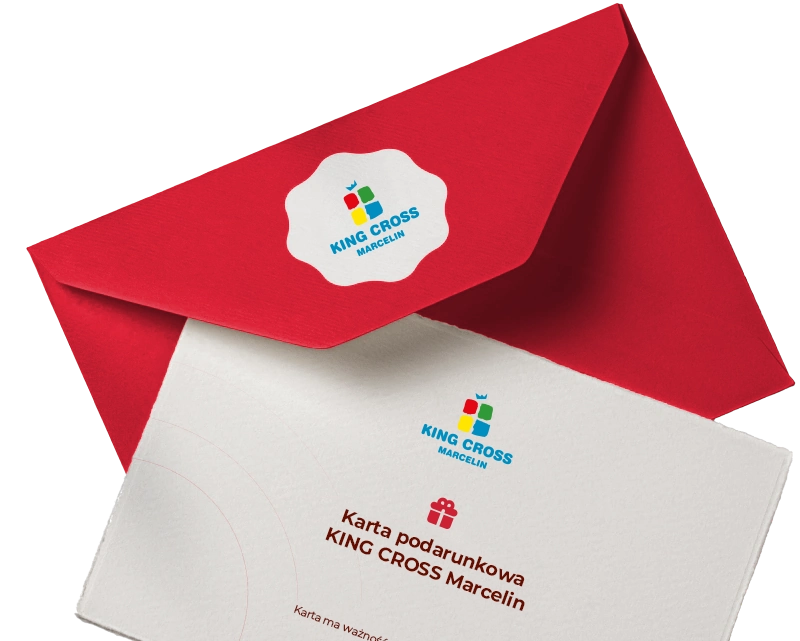 karta podarunkowa i koperta w kolorze czerwonym, obie z logo king cross marcelin